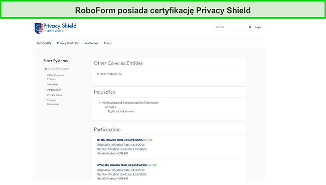 Zrzut ekranu certyfikatu Tarczy Prywatności RoboForm.