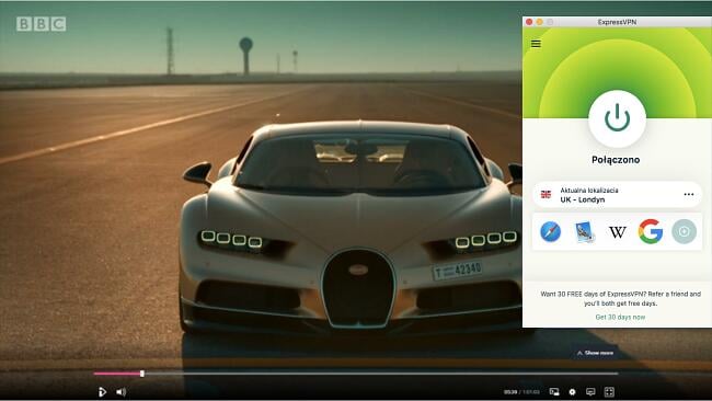 Przykład ExpressVPN współpracującego z biblioteką BBC iPlayer