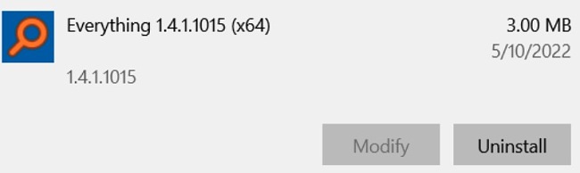 Everything uninstall screenshot