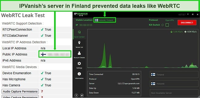 Screenshot of IPVanish connected to a server in Finland while a WebRTC leak test results are displayed