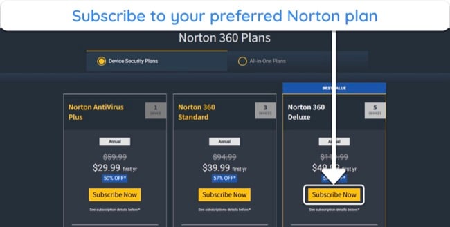 Screenshot showing how to choose a Norton subscription