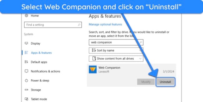 Screenshot showing how to launch the uninstaller for Adaware Web Companion