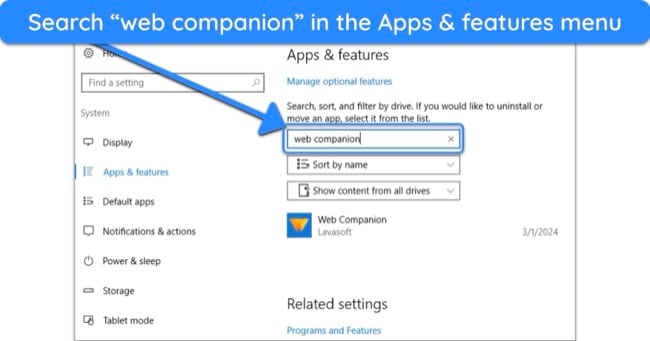 Screenshot showing how to find Adaware Web Companion in the Apps & features menu