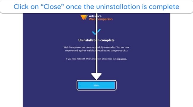 Screenshot showing how to finish the uninstallation for Adaware Web Companion