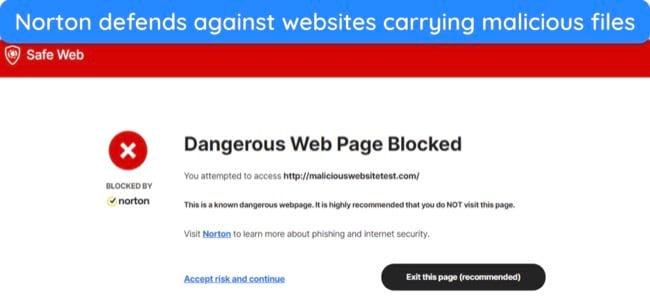 Screenshot of Norton's web protection blocking an unsafe website