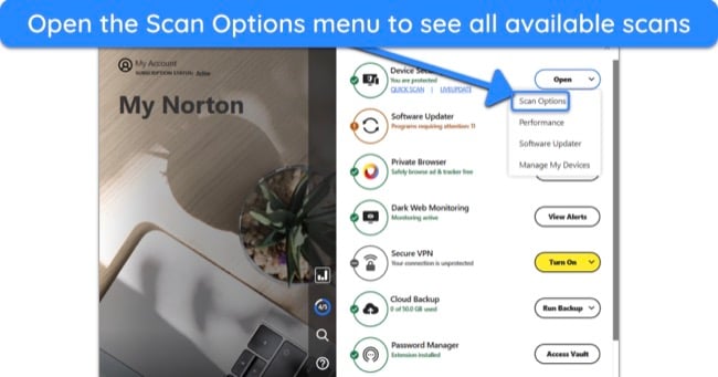 Screenshot showing how to access Norton's available scans