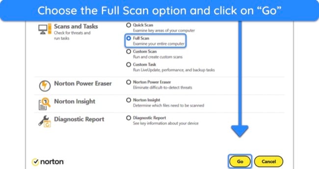 Screenshot showing how to begin Norton's full scan