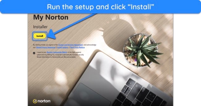 Screenshot showing how to begin Norton's installation