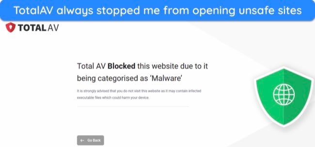 Screenshot of TotalAV's web protection blocking a dangerous website