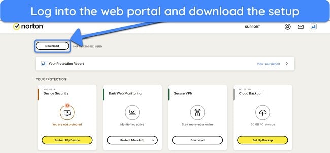 Screenshot showing how to download Norton's setup from the web portal