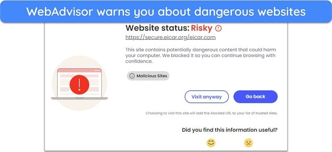 Screenshot of McAfee's WebAdvisor highlighting a potentially unsafe website