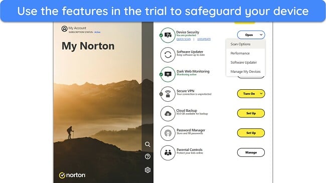 Screenshot showing Norton's main menu after installation