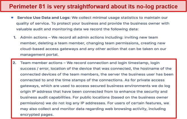 Screenshot showing an excerpt of Perimeter 81 privacy policy