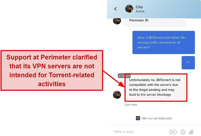 Screenshot of Perimeter81's customer support response to my torrenting query