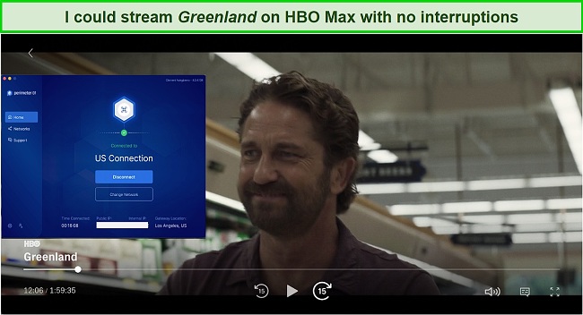 Screenshot showing Perimeter 81 unblocked HBO Max in the US