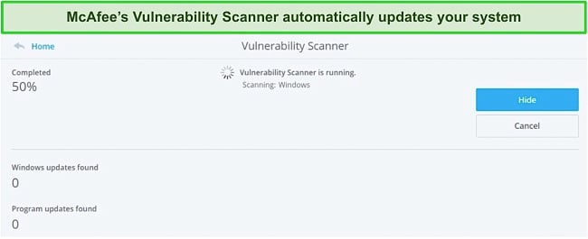 Screenshot of McAfee's Vulnerability Scanner looking for system updates