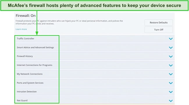 Screenshot of McAfee's firewall dashboard