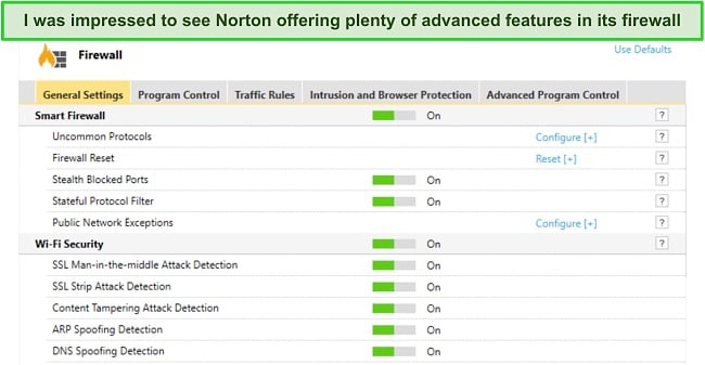 Screenshot of Norton's firewall dashboard