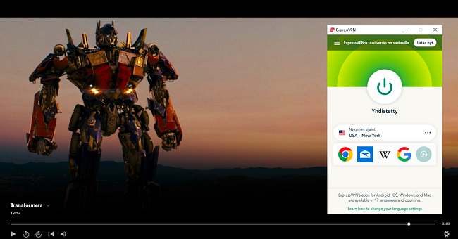 Kuvakaappaus ExpressVPN:stä yhdistettynä Yhdysvaltain New Yorkin palvelimeen ja Transformers-elokuvan eston poistamisesta Hulussa