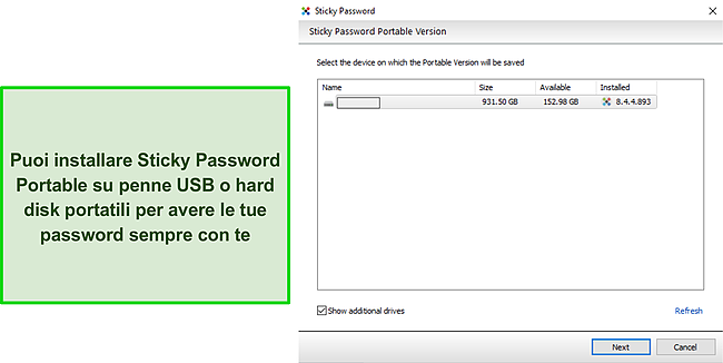 Screenshot dell'unità USB portatile Sticky Password.