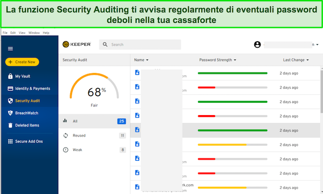 Schermata della scheda Audit di sicurezza di Keeper