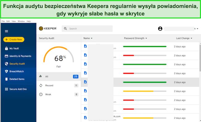 Zrzut ekranu przedstawiający zakładkę Audyt bezpieczeństwa aplikacji Keeper