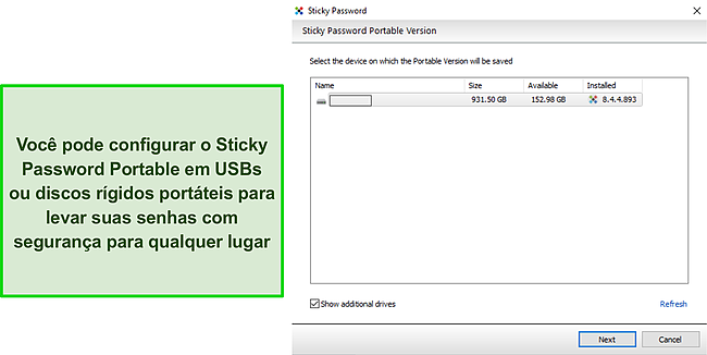 Captura de tela da unidade USB portátil Sticky Password.