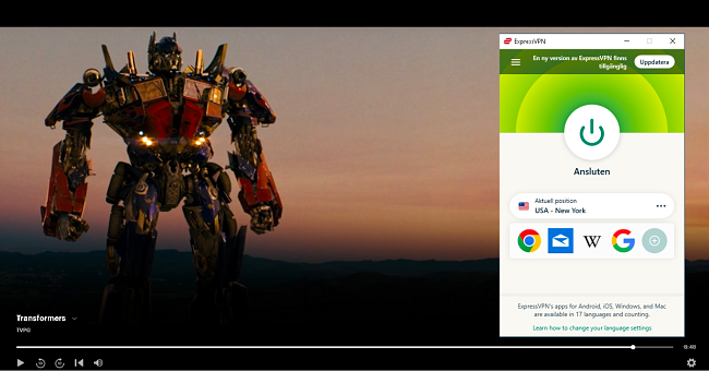 Skärmdump av ExpressVPN ansluten till en amerikansk New York-server och avblockerar filmen Transformers på Hulu