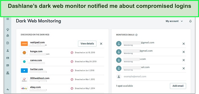 Dashlane's dark web monitor showing compromised logins