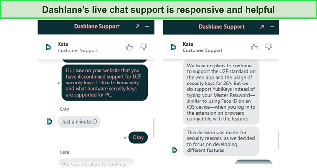 Conversation with Dashlane's live chat support