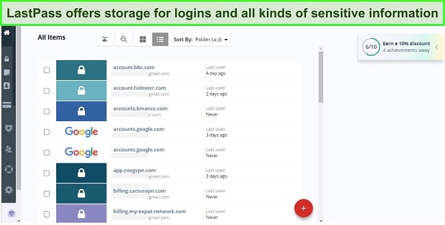 Screenshot of LastPass' secure vault