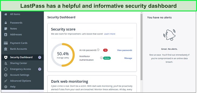 Screenshot of LastPass' security dashboard