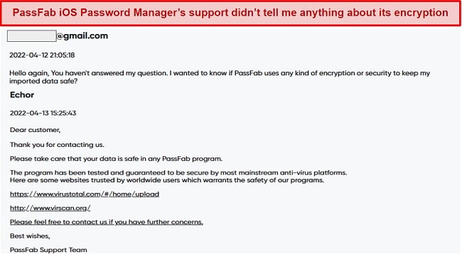 PandaFab iOS Password Manager customer support's unhelpful response