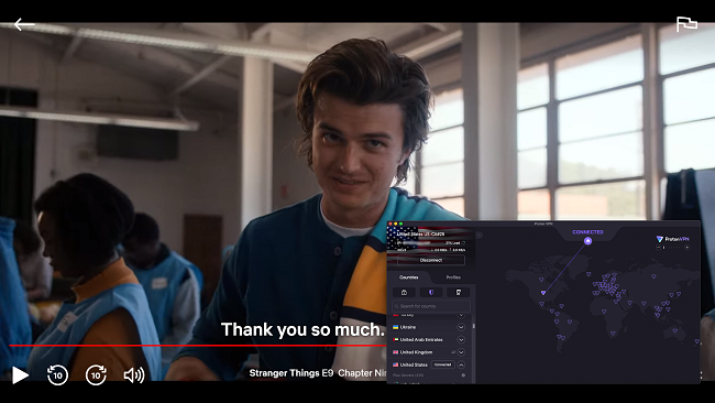 Screenshot of ProtonVPN streaming Stranger Things on Netflix