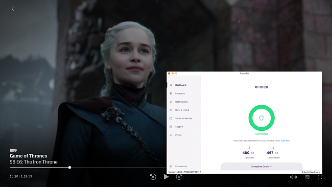 Screenshot of PureVPN connecting to a US server and unblocking the show Game of Thrones on HBO Max