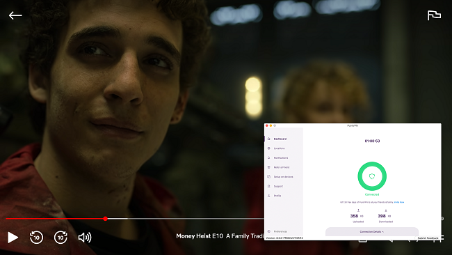 Screenshot of PureVPN connected to a US server and unblocking the show Money Heist on Netflix