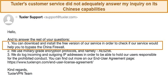 Screenshot of my conversation with Tuxler’s support about using the service in China