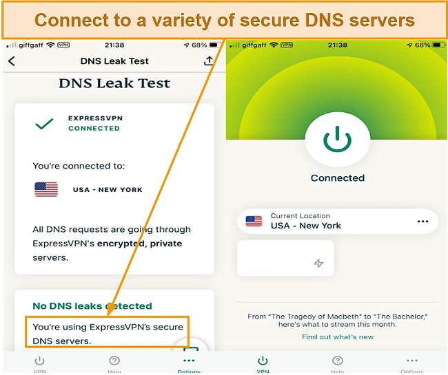 Screenshot of secure DNS servers and DNS Leak Test using ExpressVPN