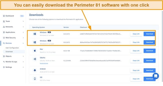 Screenshot of the Perimeter 81 installation file download page