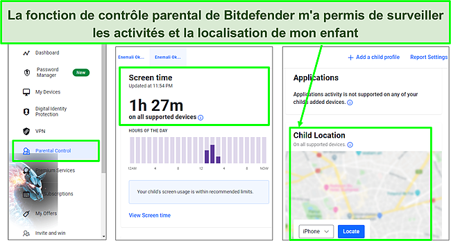 Capture d'écran du tableau de bord du contrôle parental de Bitdefender.