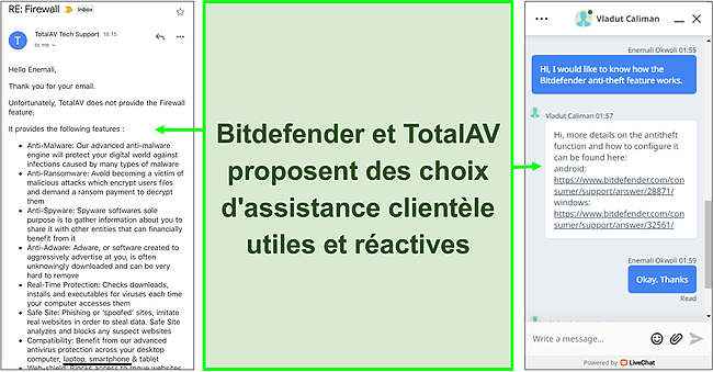 Capture d'écran de la réponse du support client pour Bitdefender et TotalAV.