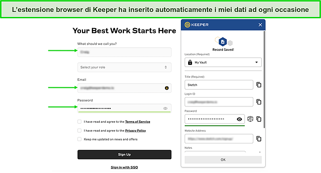Screenshot della funzione di riempimento automatico di Keeper.