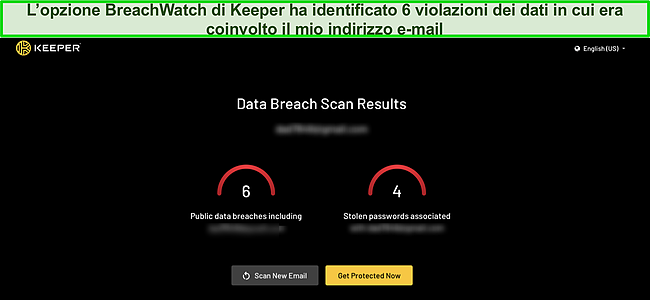 Screenshot dei risultati della violazione dei dati dello strumento di monitoraggio del dark web di Keeper.