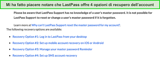 Screenshot delle opzioni di recupero dell'account di LastPass.