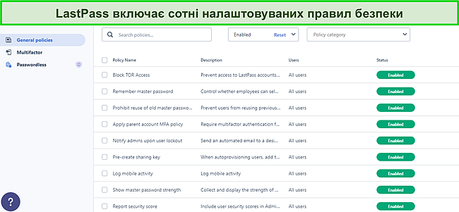 Знімок екрана інформаційної панелі LastPass General Policies.