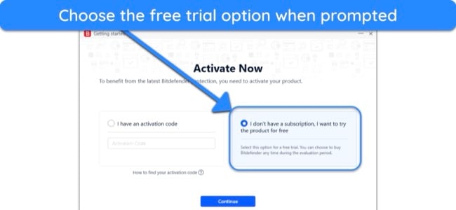 Screenshot showing how to activate the free trial during Bitdefender's setup