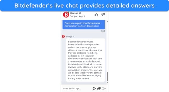 Screenshot of a conversation with Bitdefender's live chat support