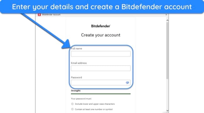 Screenshot showing the account creation step of Bitdefender's installation