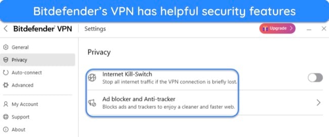 Screenshot showing the extra security features in Bitdefender's VPN