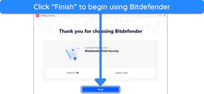 Screenshot showing how to finish Bitdefender's setup